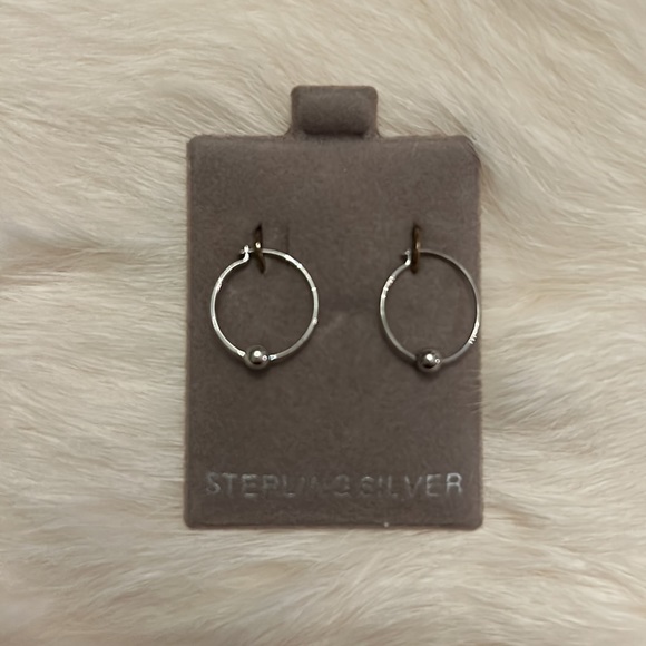 Sterling Silver small hoop earrings with delicate ball. New on original card. - Picture 1 of 4